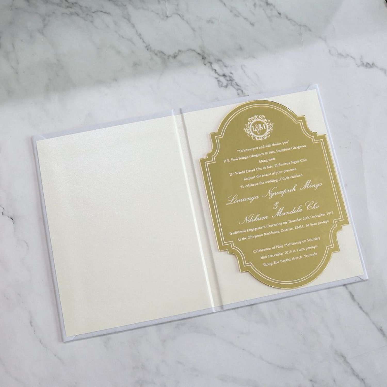 Gold Mirror Acrylic With Velvet Holder Wedding Invitation Rectangle Customized